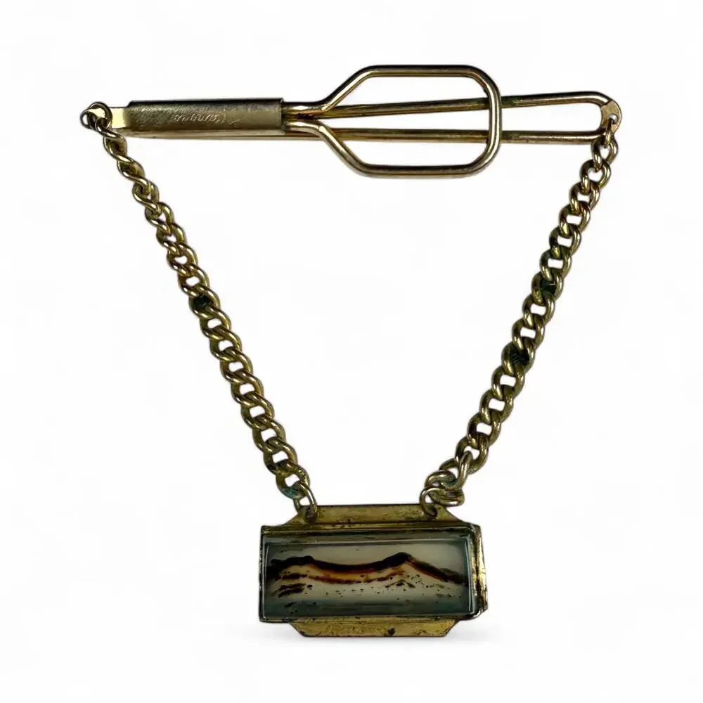 Vintage Campua Gold-Tone Tie Clip with Scenic Inlay Pendant Chain